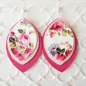 Pink, White and Fuchsia Floral Earrings, Tripple Layer Leaf, Faux/Vegan Leather