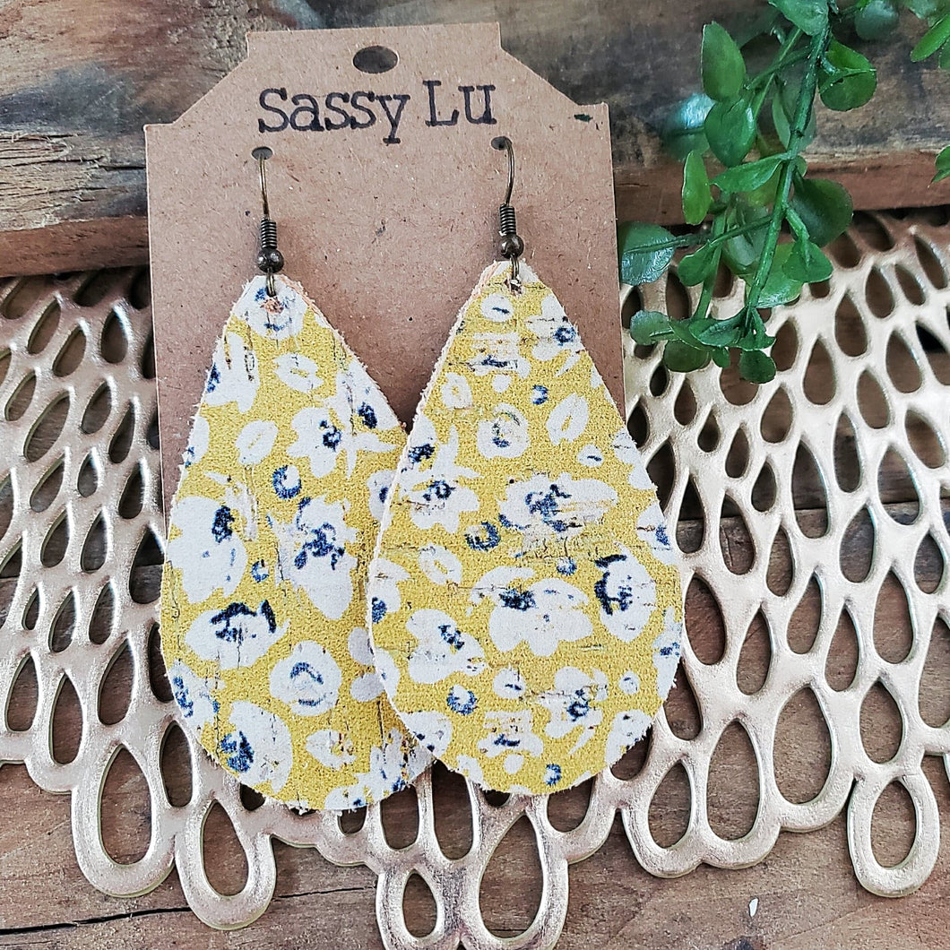 Mustard Fields Genuine Leather Backed Cork Earrings, Nickel Free, Mustard Yellow, Navy, White