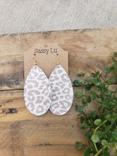 Load image into Gallery viewer, Genuine Leather Leopard Print Earrings, Distressed Purple and Off-White, Nickel Free

