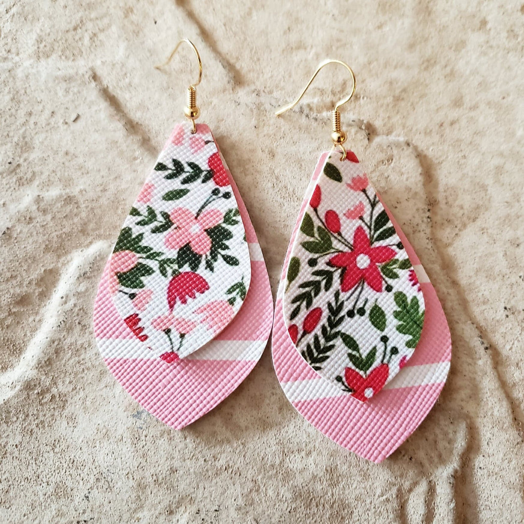 Layered Pink and White Faux Vegan Leather Earrings with florals and stripes