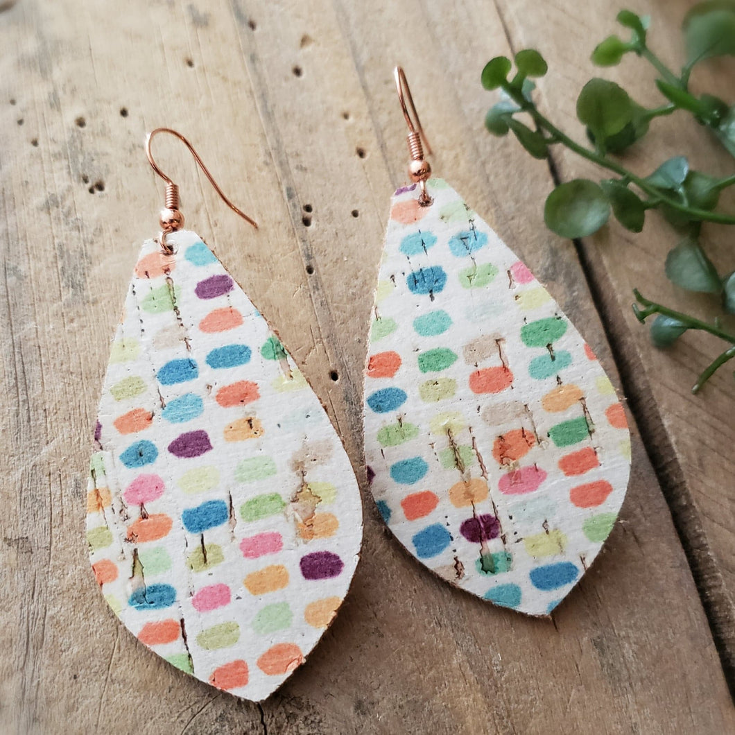 Multicolor Bright Pastel Leather Backed Cork Dangle Earrings