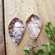 Load image into Gallery viewer, Silver Metallic Genuine Leather Earrings with Purple Accents, Alligator Texture
