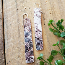 Load image into Gallery viewer, Silver Metallic Genuine Leather Earrings with Purple Accents, Alligator Texture
