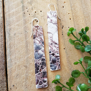Silver Metallic Genuine Leather Earrings with Purple Accents, Alligator Texture