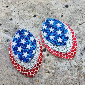 Three Layer Patriotic Earrings, Red, White & Blue with Stars, Faux Leather