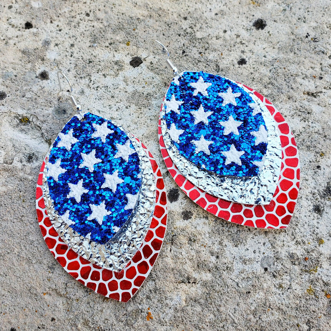 Three Layer Patriotic Earrings, Red, White & Blue with Stars, Faux Leather