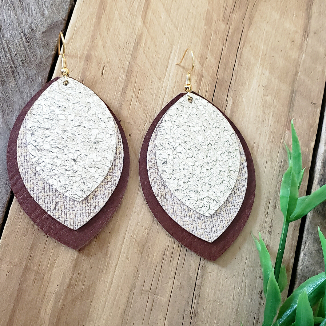 Three layer vegan/faux leather earrings, brown and gold leaf shape