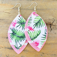 Load image into Gallery viewer, Green Palm Leaf and Pink Stripes, Faux / Vegan Leather Earrings, Double Layer, Nickel Free
