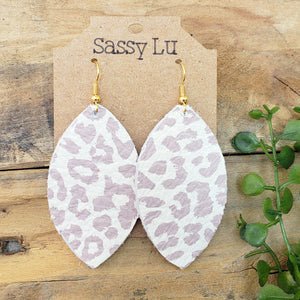 Genuine Leather Leopard Print Earrings, Distressed Purple and Off-White, Nickel Free