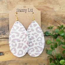 Load image into Gallery viewer, Genuine Leather Leopard Print Earrings, Distressed Purple and Off-White, Nickel Free
